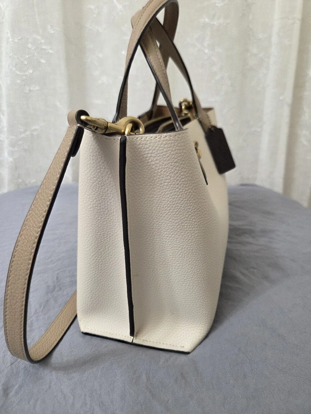 Coach Cream and Tan Leather Crossbody Tote with Gold Hardware And  Worn Twice
